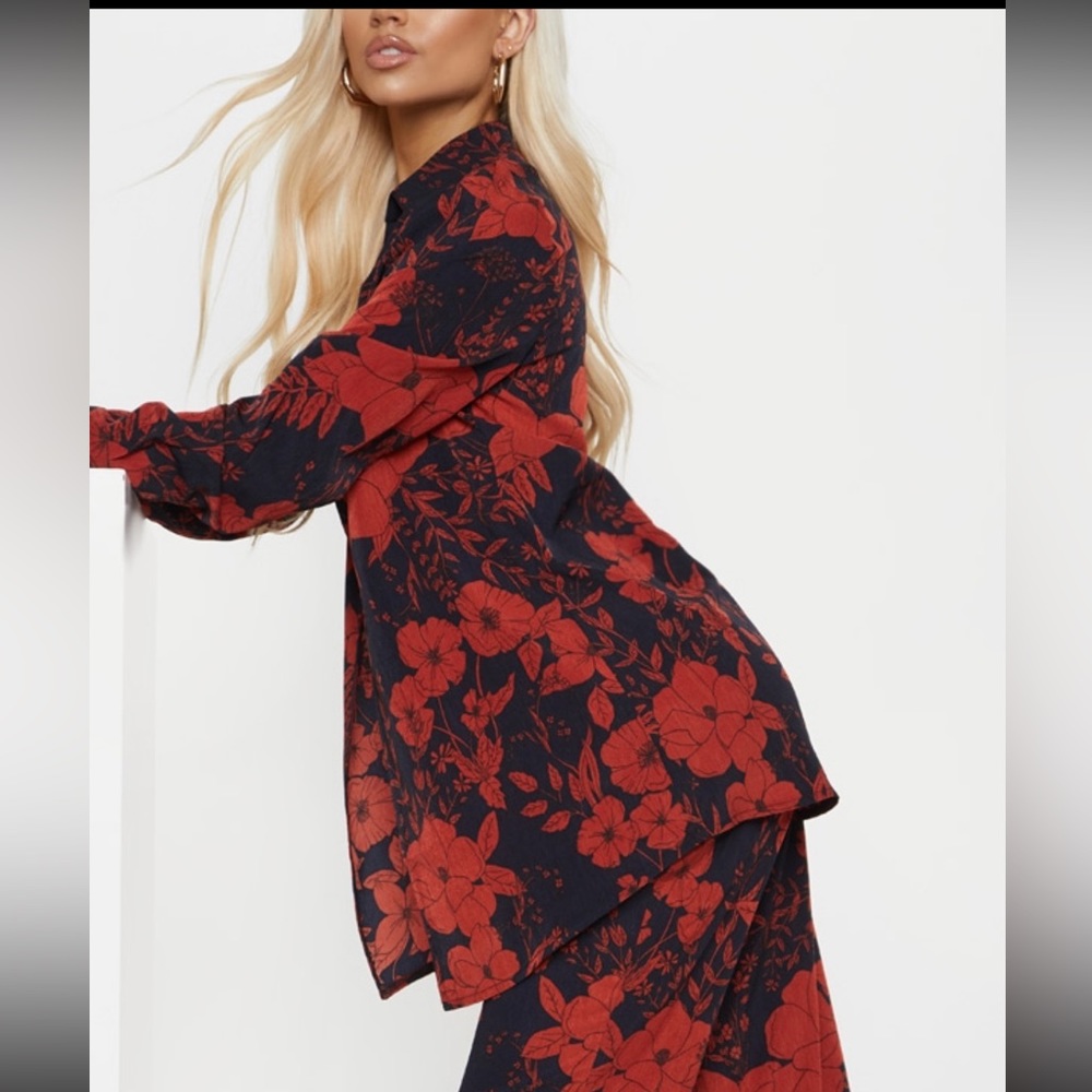 Red Floral Print Oversized Shirt. (PART OF SET) long sleeve shirt, red shirt